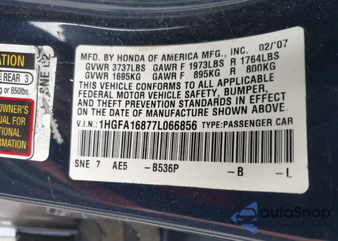 2007 Honda Civic Ex z USA, uszkodzony, nr VIN 1HGFA16877L066856